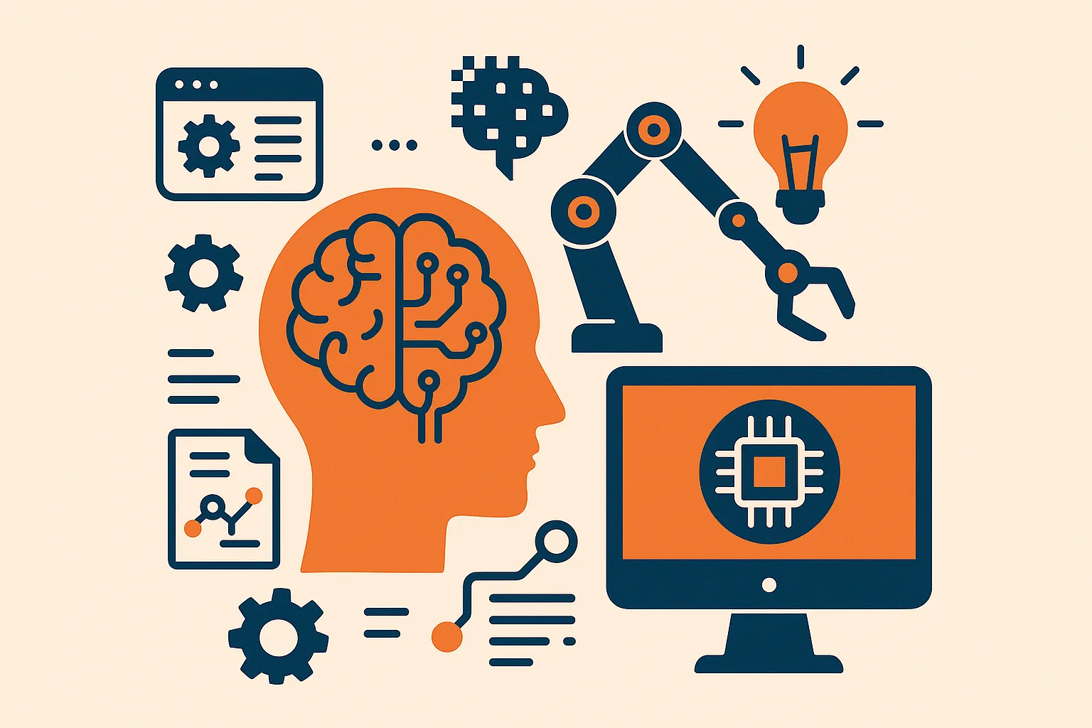 Ilustração de inteligência artificial apoiando profissionais em um ambiente de trabalho