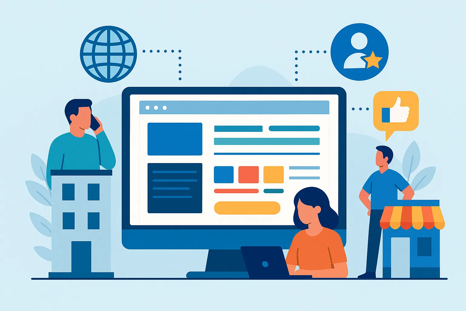 Ilustração de site institucional e presença digital representando empresas conectadas