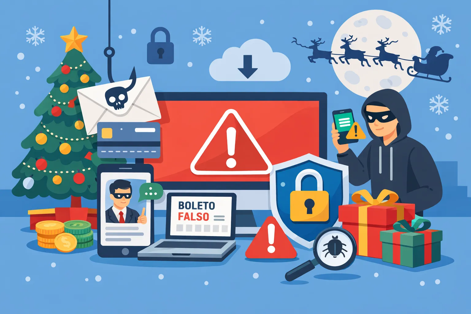 Ilustração sobre segurança digital e proteção de dados no período de Natal