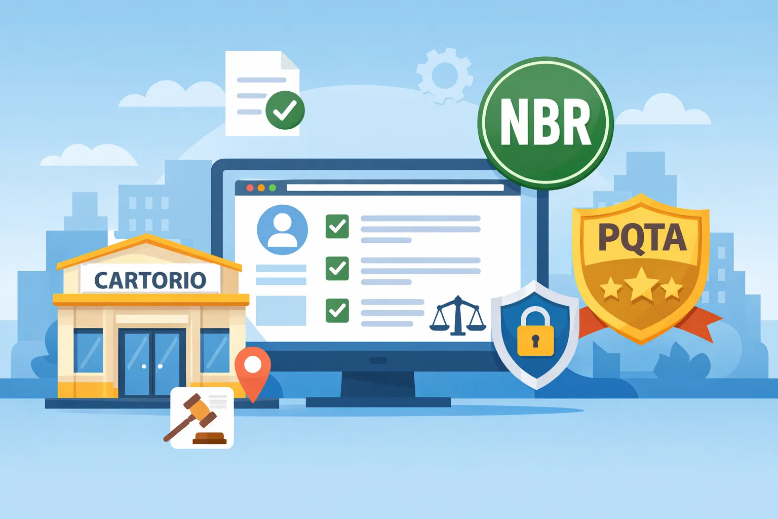 Ilustração sobre site de cartório para atender às normas NBR e ao PQTA