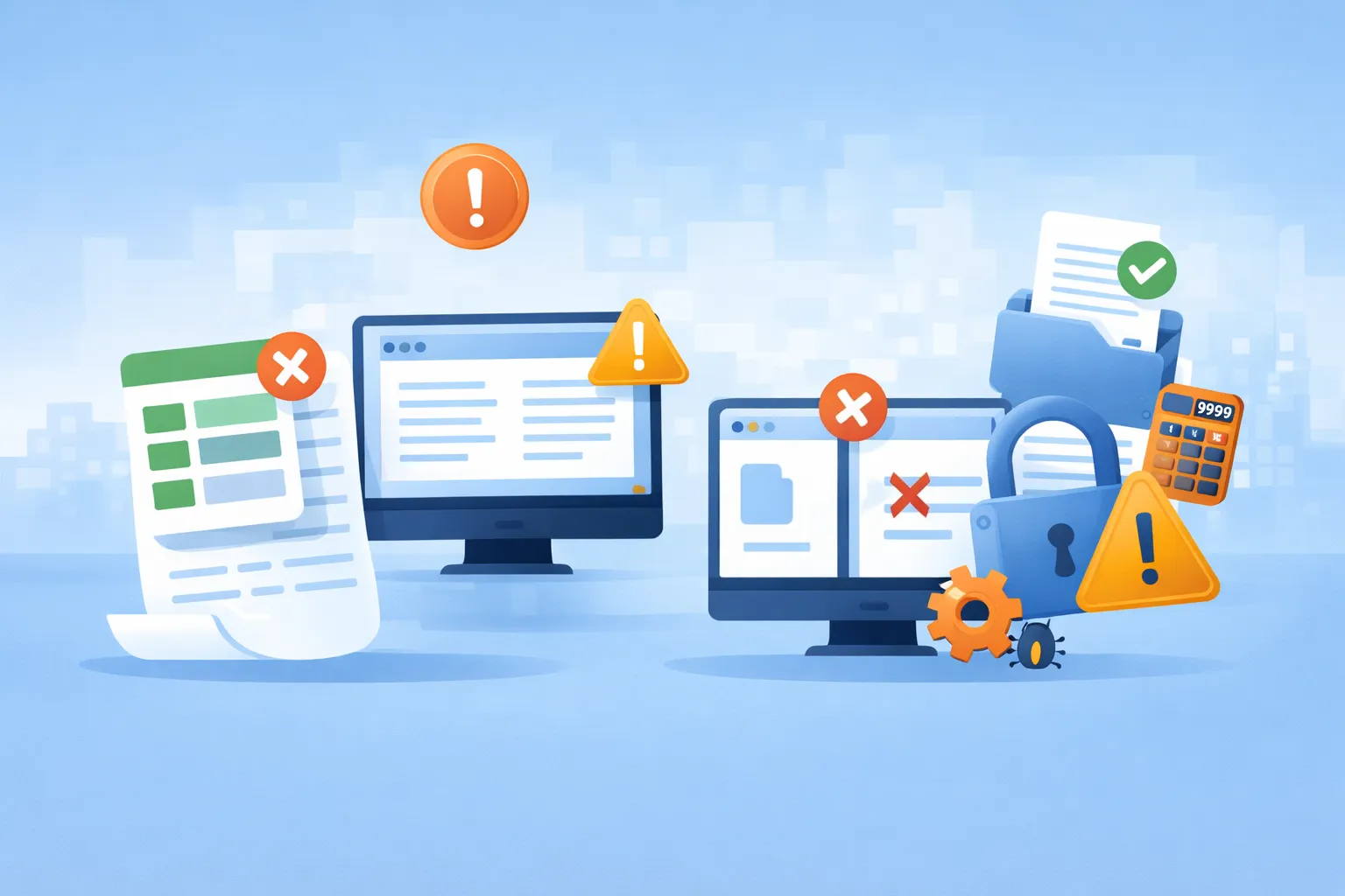 Ilustração de erros de tecnologia em pequenas empresas, incluindo planilhas, sistemas sem integração e falhas de segurança